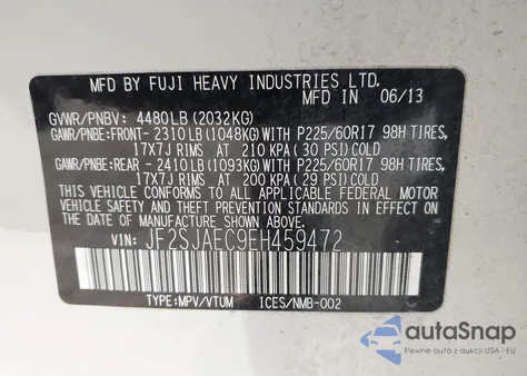 2014 Subaru Forester 2.5I Premium z USA, uszkodzony, nr VIN JF2SJAEC9EH459472